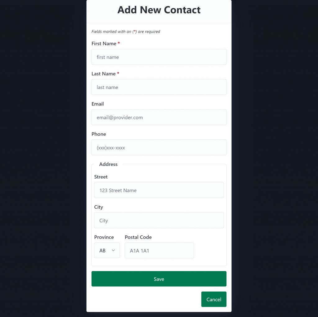 Screenshot of a form to add a new contact