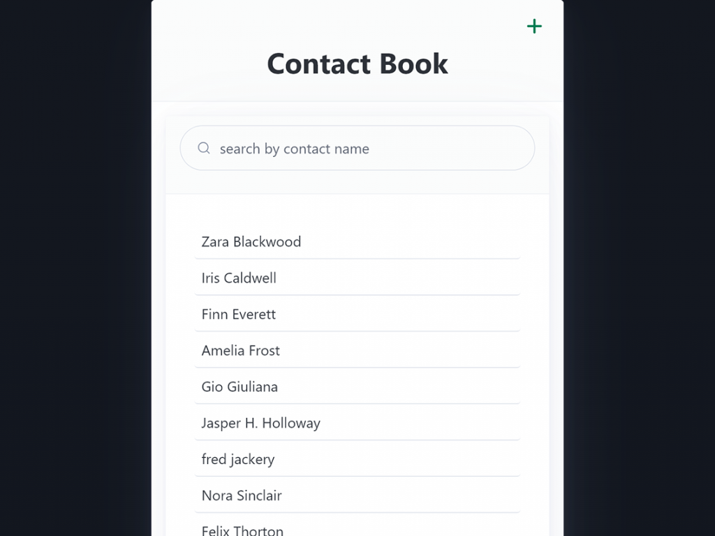 Screenshot of a contact book with a list of contact names, a search bar, and an option to add a new contact.