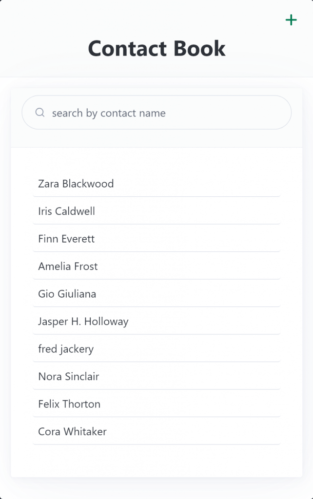 Screenshot of the home page of a contact list app, displaying a list of contacts, a search bar, and a button to add new contacts.