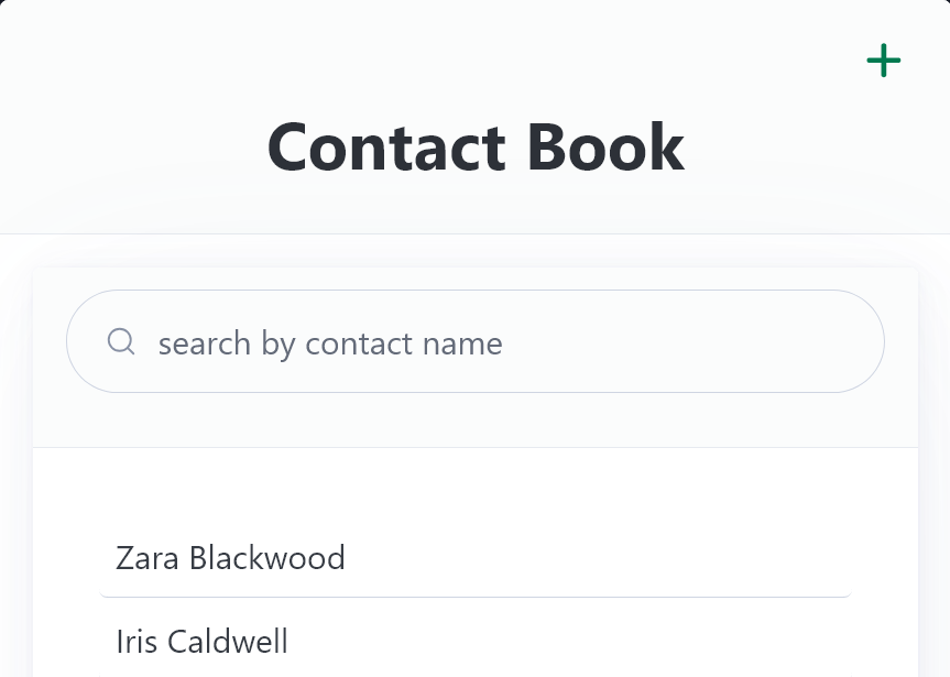 Screenshot of the home page of a contact list app, displaying a list of contacts, a search bar, and a button to add new contacts.