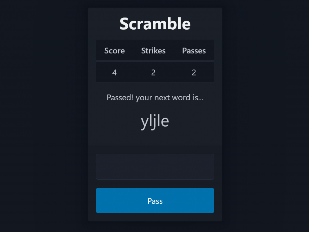 Screenshot of a scrambled word guessing game with running score/strikes/passes.