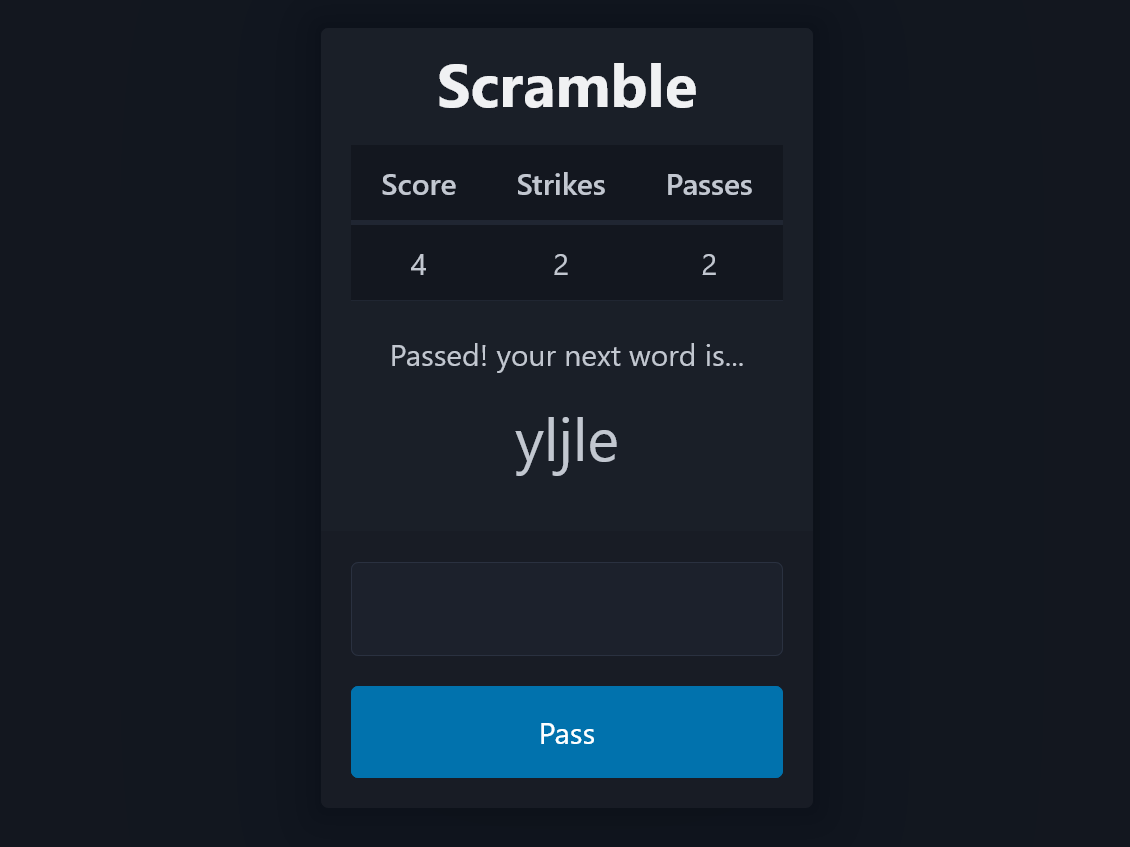 Screenshot of a scrambled word guessing game with running score/strikes/passes.