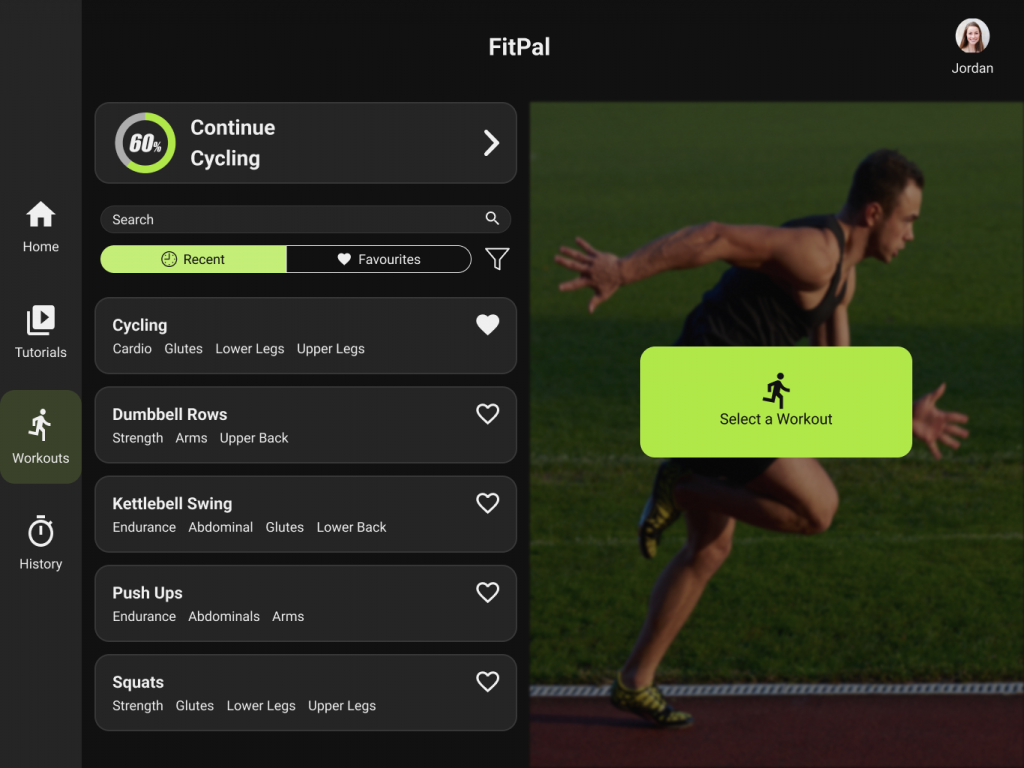 The tablet view of the FitPal workout screen, consisting of a list of workouts on the left, and space on the right to display a selected workout.