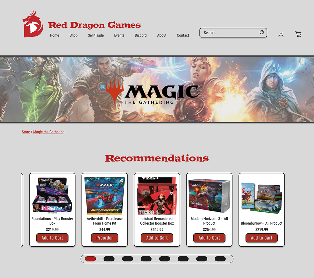 A screenshot showing a redesigned store page featuring a Magic: The Gathering title banner, navigation breadcrumbs, and personalized recommendations.