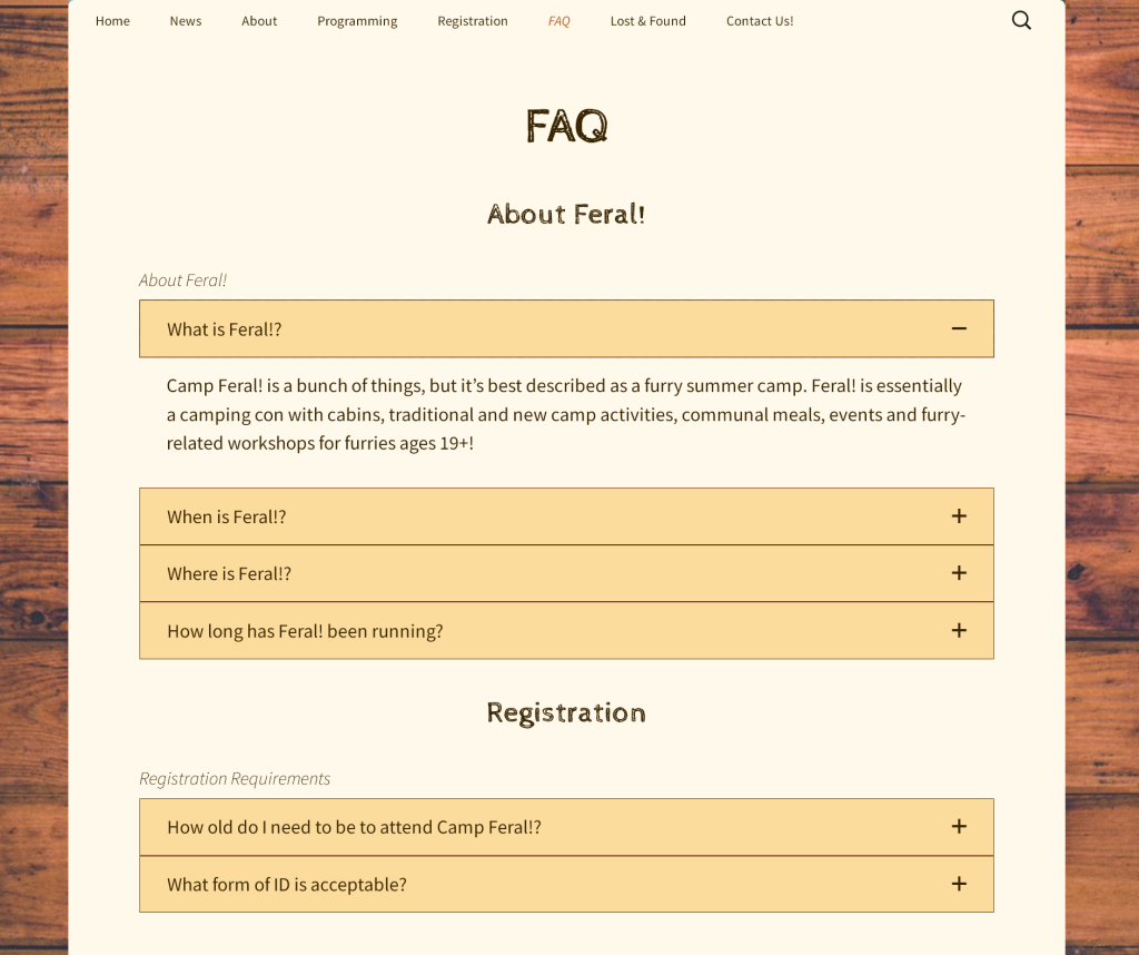 Screenshot of the FAQ page, featuring a list of questions with drop down answers.
