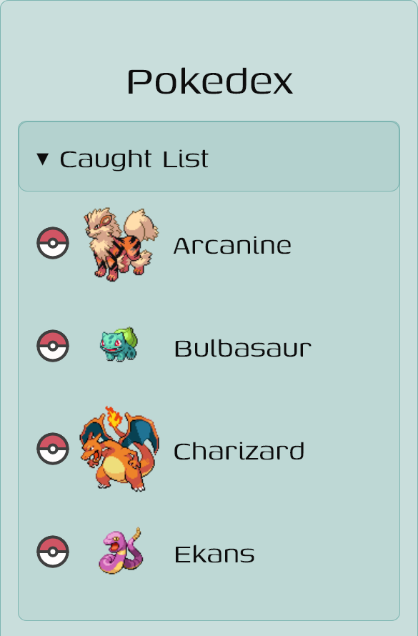 Screenshot of the list of caught pokemon, each entry has the pokemon name, sprite, and a pokeball icon.