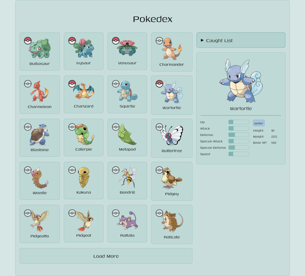 Screenshot of a pokedex web app on desktop, with a gallery of pokemon on the left and a side bar displaying pokemon stats and a light of caught pokemon.