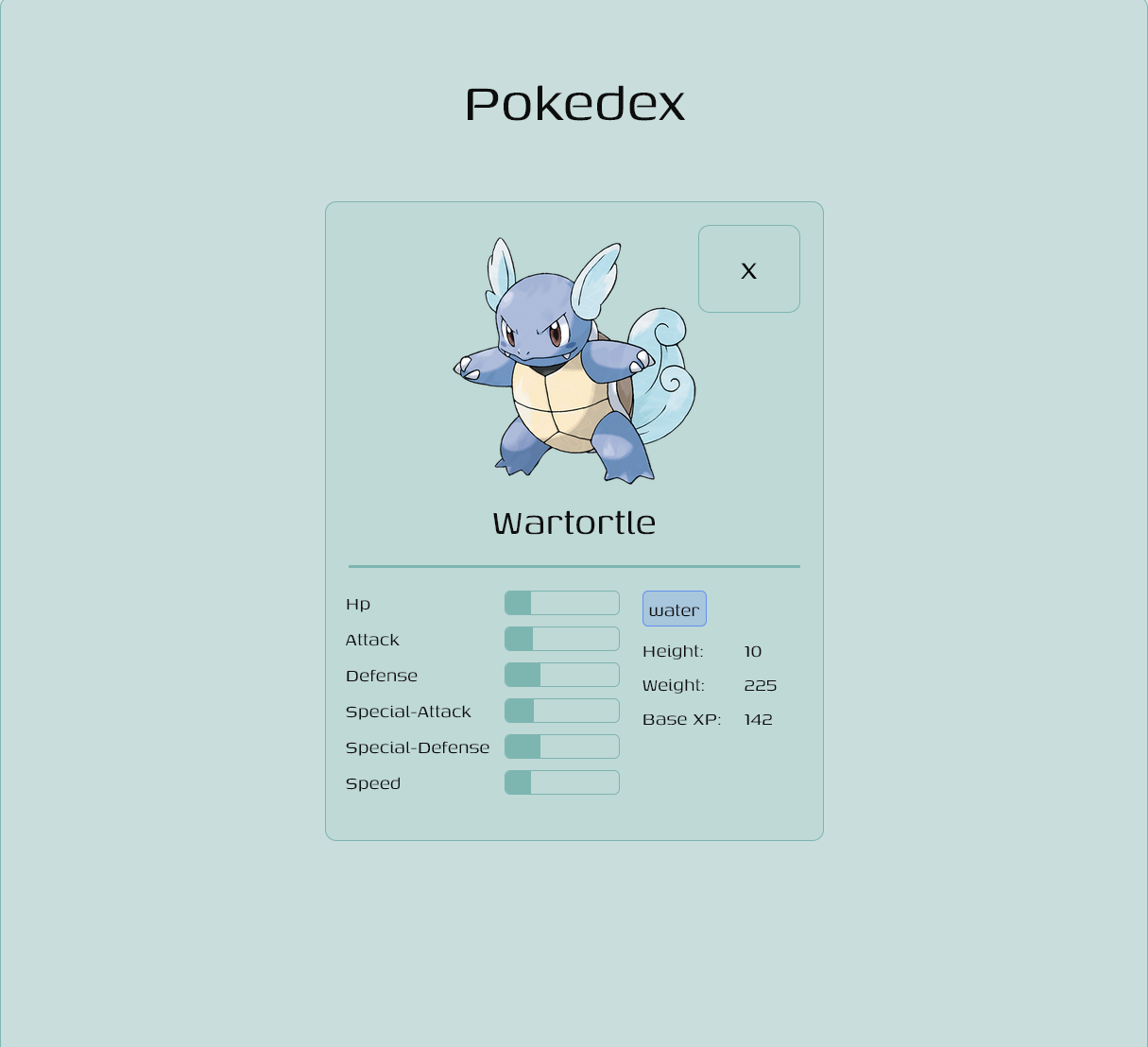 Screenshot of the pokedex on a tablet screen, showing a overlay with a selected pokemon's stats.