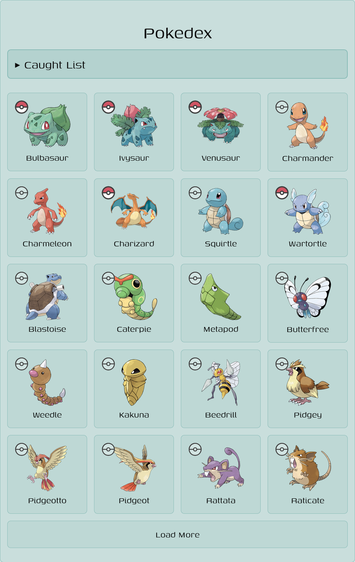 Screenshot of the pokedex on a tablet screen, showing a pokemon gallery with a dropdown at the top used to display the caught list.