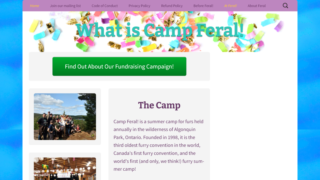 Screenshot of the original Camp Feral! website, decorated in a birthday part theme with purple, light blue, and green. A banner at the top shows confetti and the text "What is Camp Feral!"